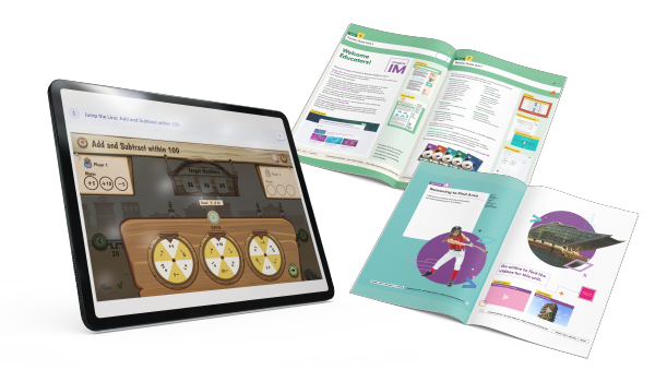 A tablet and workbooks showing Imagine IM curriculum.