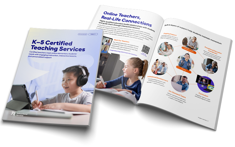 A render of the K–5 Certified Teaching Services catalog front page and inner spread
