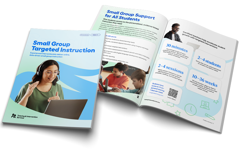 A render of the Imagine Math catalog front page and inner spread