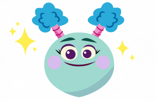 Mint-green cartoon character with pink and blue pigtails, named Novella.
