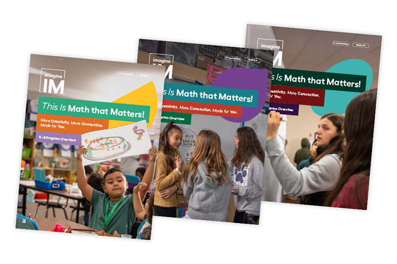 Three program overview brochures highlighting curriculum tools and features from Imagine IM, designed for grades K–5, 6–8, and 9–12.