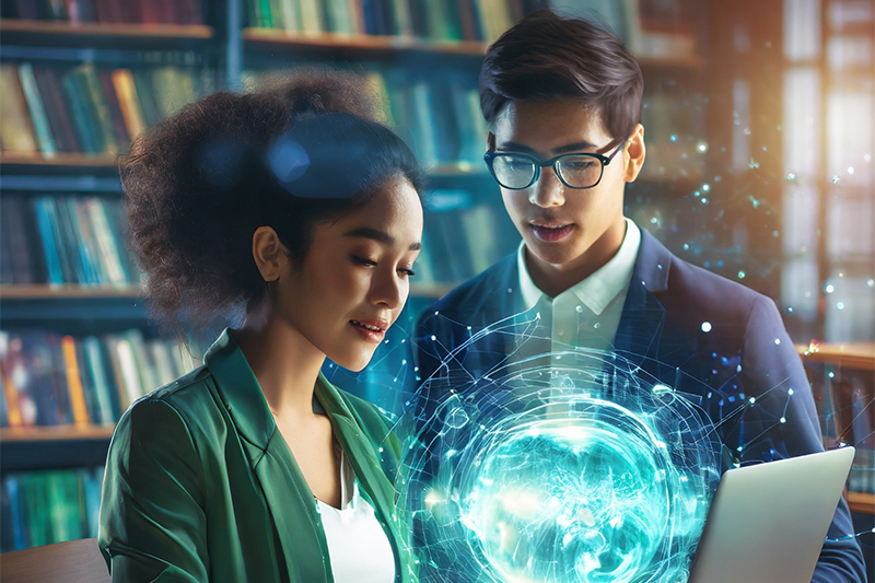 Two educators standing in a library looking at a laptop with a digital globe rising from it.