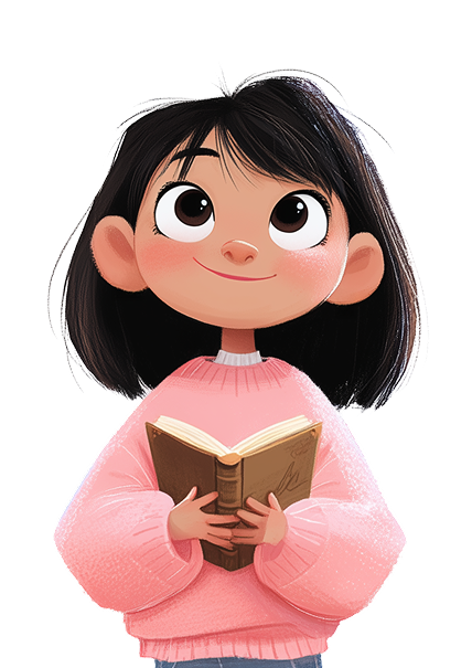 Illustration of a smiling young girl with straight black hair wearing a pink sweater, holding an open book and looking upward.