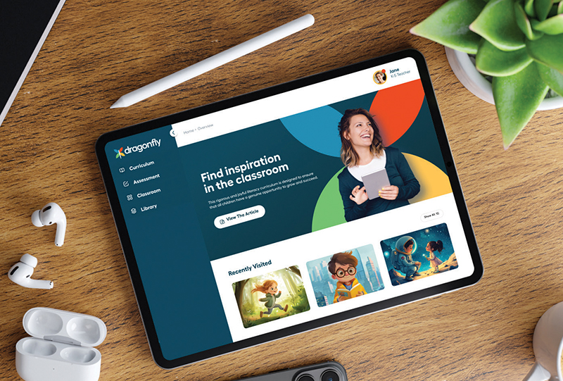 Tablet showing a preview of the Dragonfly experience for teachers.
