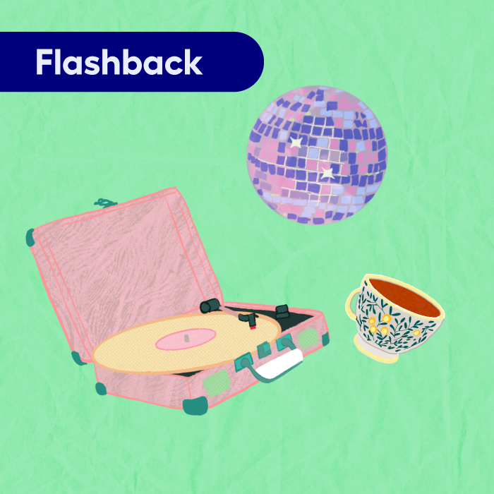 Image of record player, cup pf tea, and disco ball