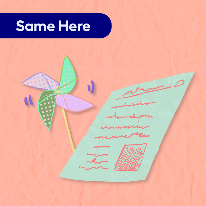 Image of a sheet of paper with writing and a pin wheel